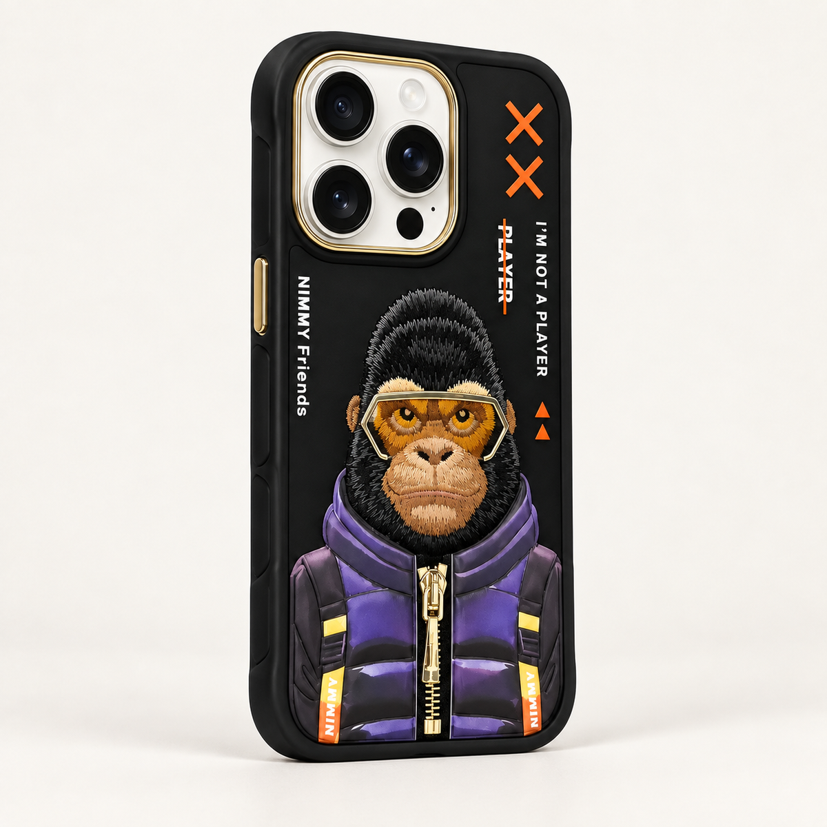 NIMMY Friends 3D Monkey iPhone case in Black Diamond — angled studio view