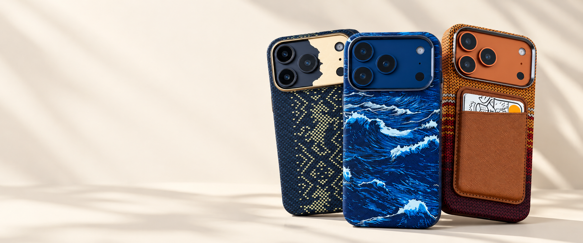 Blue wave, navy gold and brown wallet iPhone cases on an off-white studio background