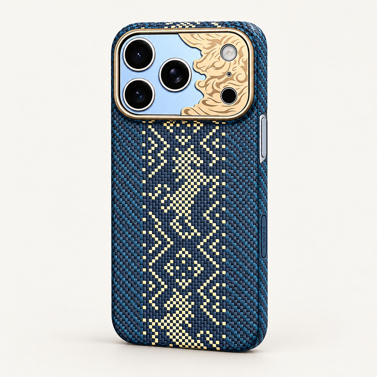 Blue dragon pattern iPhone case — studio rear view