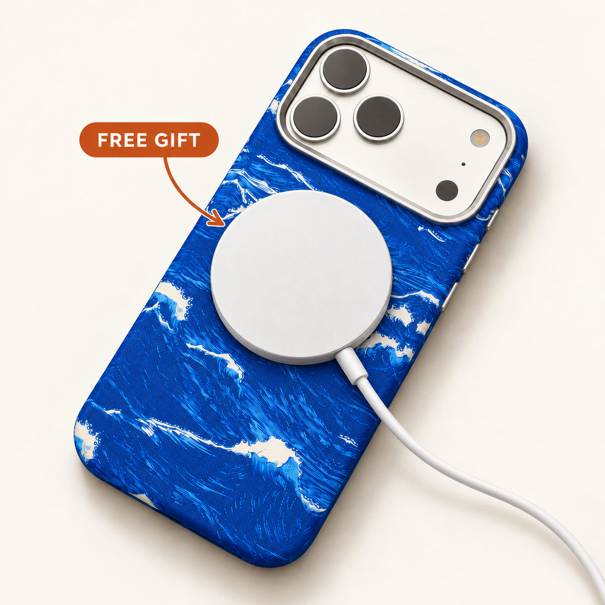 Blue Wave case + FREE GIFT wireless charger — studio photograph